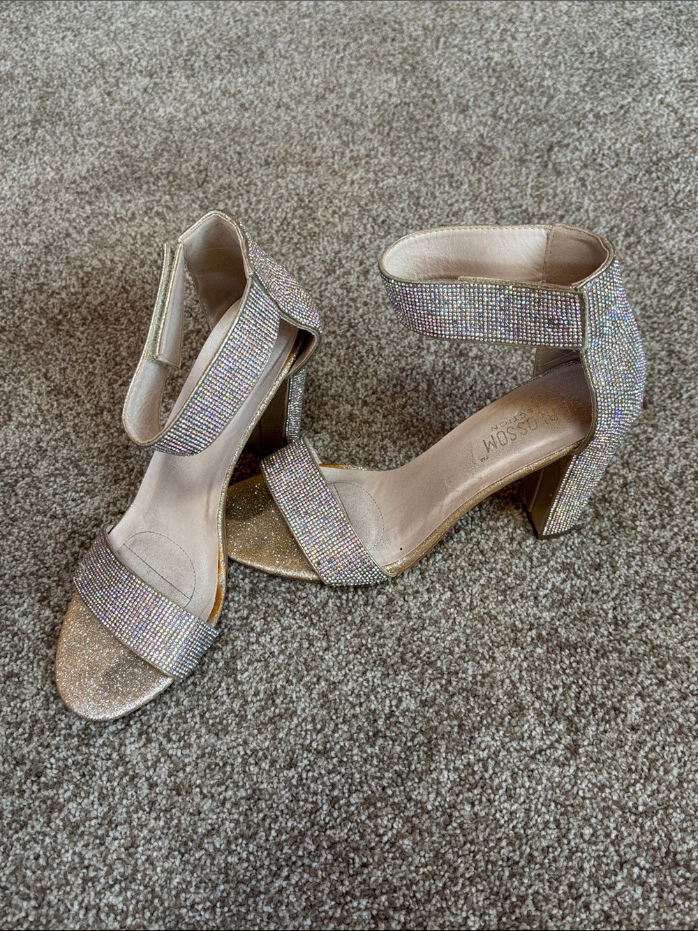 De Blossom Collection Iridescent Crystal Ankle-Strap Block Heels - Champagne